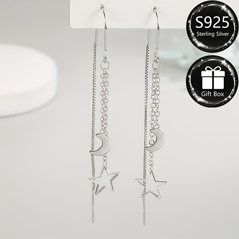 Fashionable S925 Silvery Tassel Long Earrings with Star and Moon Design